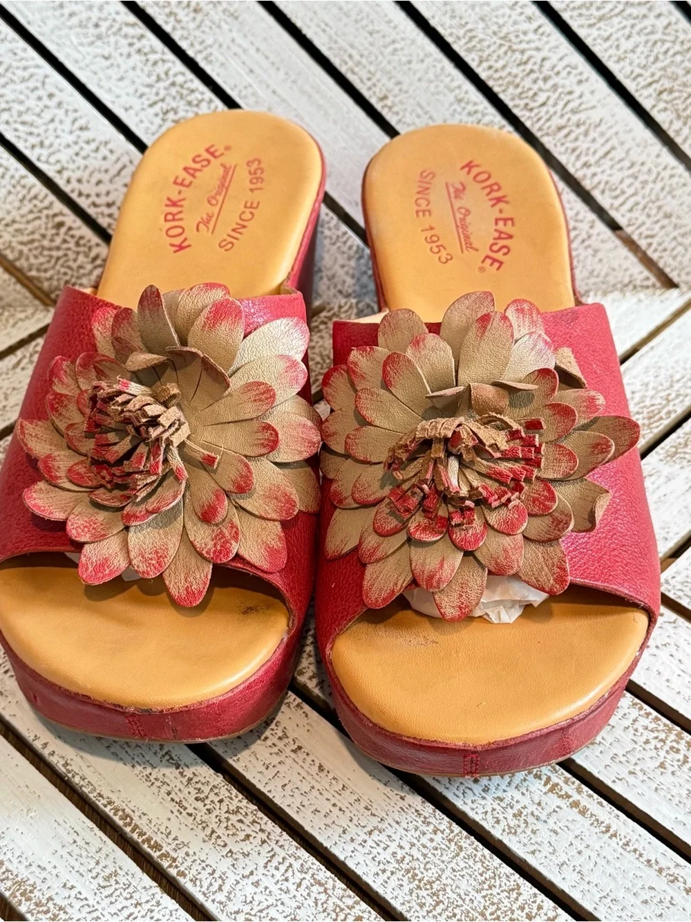 Red Kork Ease Sundance Leather Flower Floral Wedge Heel Sandals Chunky Sz 8